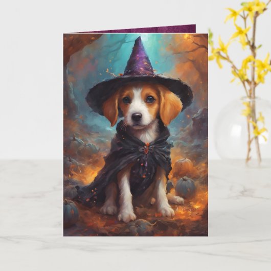 Goede heks puppy, Schattigee Halloween hondengroet Kaart (Gele Bloem)