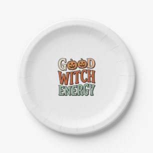 Goede Heksenenergie Vintage Halloween Vectorontwer Papieren Bordje