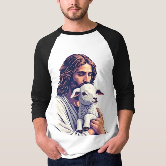 Goede Herder: Jezus met Lam Raglan T-shirt (Voorkant)
