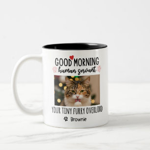Goede Morgen Kat Menselijke Dienaar Grappige Kat Tweekleurige Koffiemok