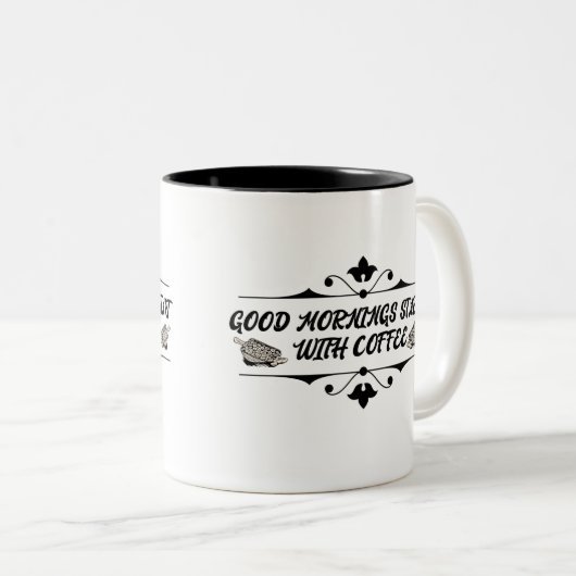 Goede ochtenden beginnen met koffie  tweekleurige koffiemok (Voorkant rechts)