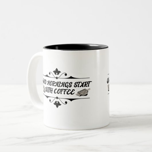Goede ochtenden beginnen met koffie  tweekleurige koffiemok (Voorkant links)
