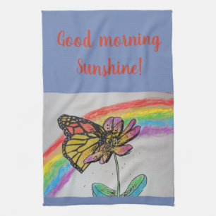 Goede ochtendregenboogmonarch Art Kitchen Towel Theedoek