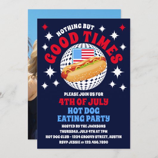 Goede Tijden Groovy 4th van Juli Hot Dog Party Kaart (Voorkant / Achterkant)