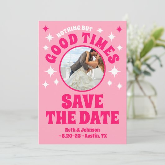 Goede Tijden Groovy Roze Bruiloft Save The Date (Staand voorkant)