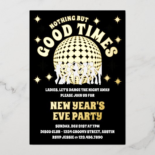 Goede Tijden Groovy Zwart Oudejaarsavond Party Fot Folie Uitnodiging (Voorkant)