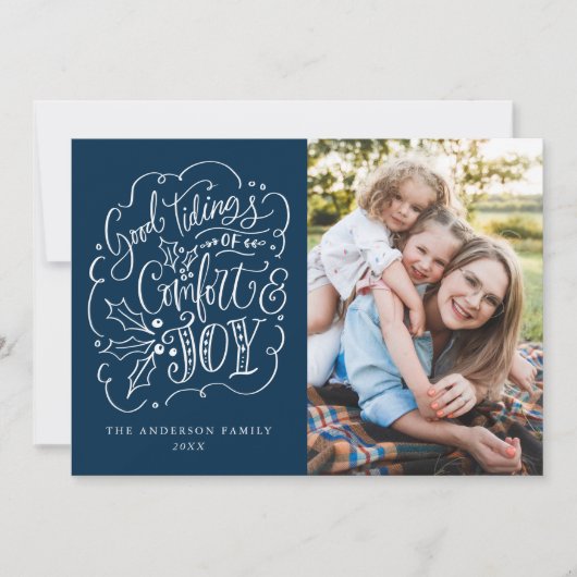 Goede tinten van de Comfort & Joy Typografie Navy Feestdagenkaart (Voorkant)