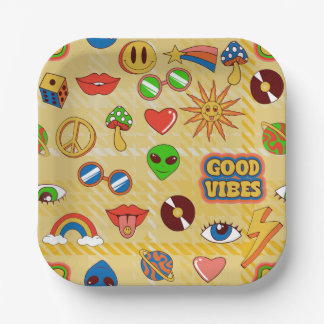 goede vibes alien groovy popart jaren 70 plaid papieren bordje