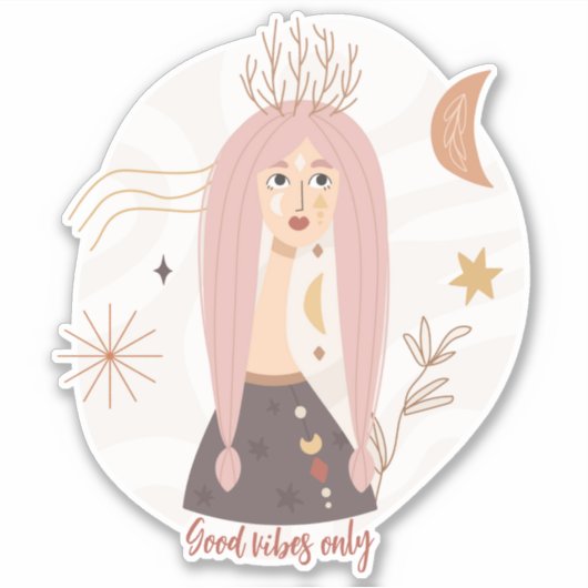 Goede vibes alleen boho vrouw bloemen maan sticker (Voorkant)