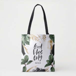 Goede vibes alleen tropisch blad en typografie tote bag