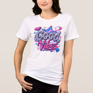 Goede Vibes Chrome Bubbel Letters Y2K Roze Blauw S Tri-Blend Shirt