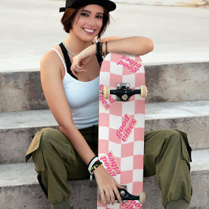 Goede Vibes Girly Pastel Roze Wit Geruit Persoonlijk Skateboard