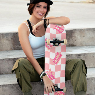 Goede Vibes Girly Pastel Roze Wit Geruit Persoonlijk Skateboard