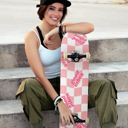 Goede Vibes Girly Pastel Roze Wit Geruit Persoonlijk Skateboard