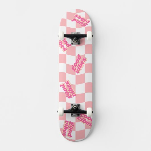 Goede Vibes Girly Pastel Roze Wit Geruit Persoonlijk Skateboard (Voorkant)