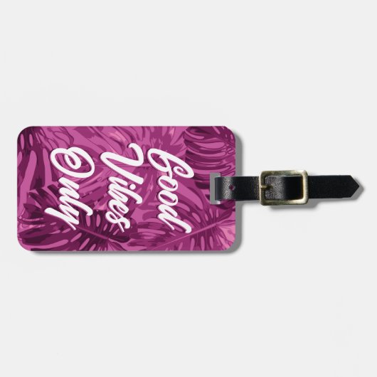 Goede Vibes Girly Tropische Paarse bladeren Bagagelabel (Voorkant horizontaal)