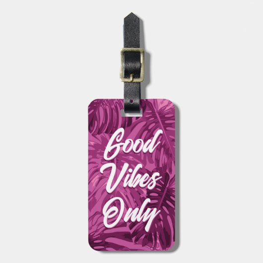 Goede Vibes Girly Tropische Paarse bladeren Bagagelabel (Voorkant verticaal)