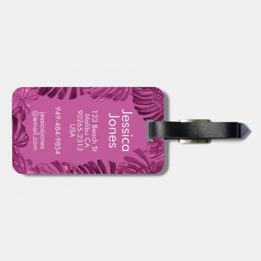 Goede Vibes Girly Tropische Paarse bladeren Bagagelabel (Achterkant horizontaal)