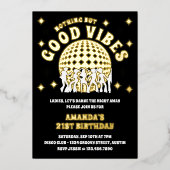 Goede Vibes Groovy Zwart Goud Verjaardagsfeestfoto Folie Uitnodiging (Voorkant)