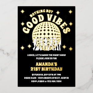 Goede Vibes Groovy Zwarte Gouden Verjaardagsfeest Folie Uitnodiging