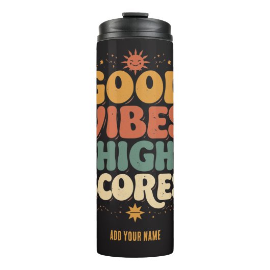 Goede Vibes & Hoge Scores Retro 70s Aangepaste Typ Thermosbeker (Voorkant)