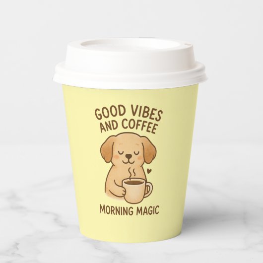 Goede Vibes & Koffie – Speelse Puppy Digitale Kuns Papieren Bekers (Voorkant)