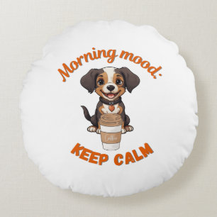 Goede Vibes & Koffie – Speelse Puppy Digitale Kuns Rond Kussen