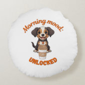 Goede Vibes & Koffie – Speelse Puppy Digitale Kuns Rond Kussen (Achterkant)