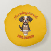 Goede Vibes & Koffie – Speelse Puppy Digitale Kuns Rond Kussen (Achterkant)