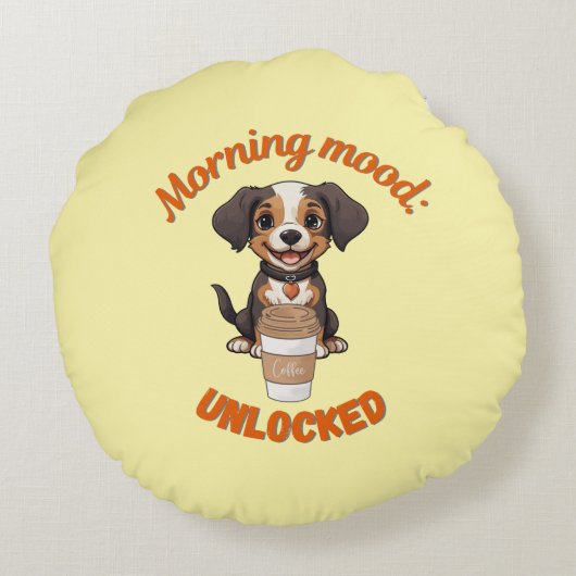 Goede Vibes & Koffie – Speelse Puppy Digitale Kuns Rond Kussen (Achterkant)