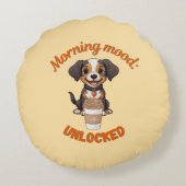 Goede Vibes & Koffie – Speelse Puppy Digitale Kuns Rond Kussen (Achterkant)