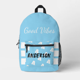 Goede vibes monogram met naam blauw bedrukte rugzak