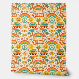 Goede vibes, retro hippie regenboog en smiley wall behang