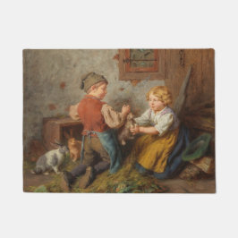 Goede vrienden (jonge jongens die met huiskonijn s deurmat