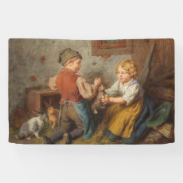 Goede vrienden (jonge jongens die met huiskonijn s spandoek