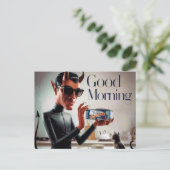 Goedemorgen Duivel Voedende Kat Briefkaart (Staand voorkant)