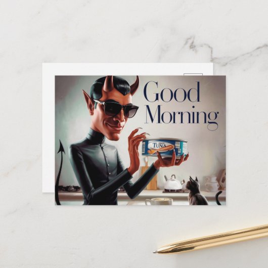 Goedemorgen Duivel Voedende Kat Briefkaart (Voorkant / Achterkant in situ)