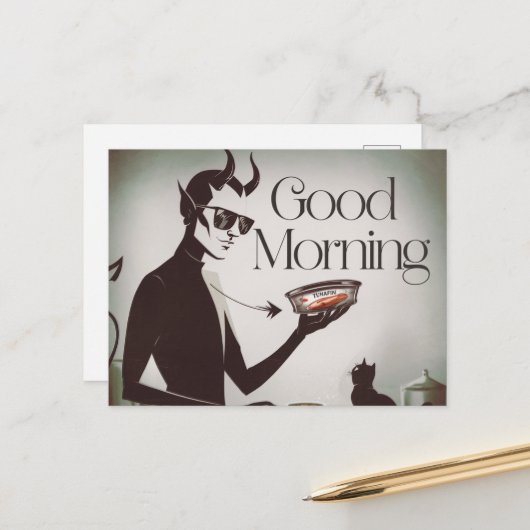 Goedemorgen Duivel Voedende Kat Tonijn Fin Briefkaart (Voorkant / Achterkant in situ)