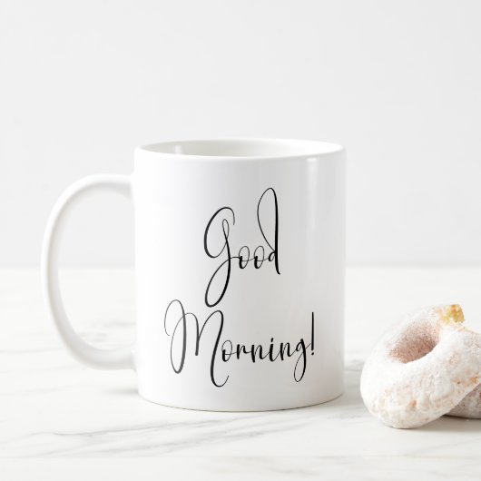 "Goedemorgen" Eenvoudige zwarte typografie Koffiemok (Met donut)