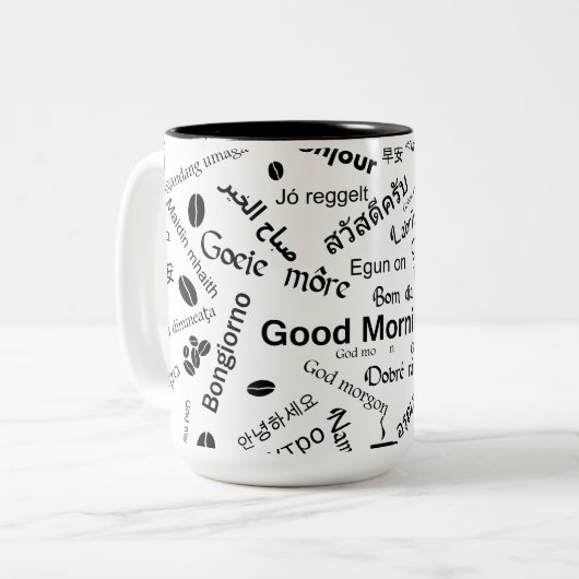 Goedemorgen in alle talen van het woord tweekleurige koffiemok (Voorkant links)
