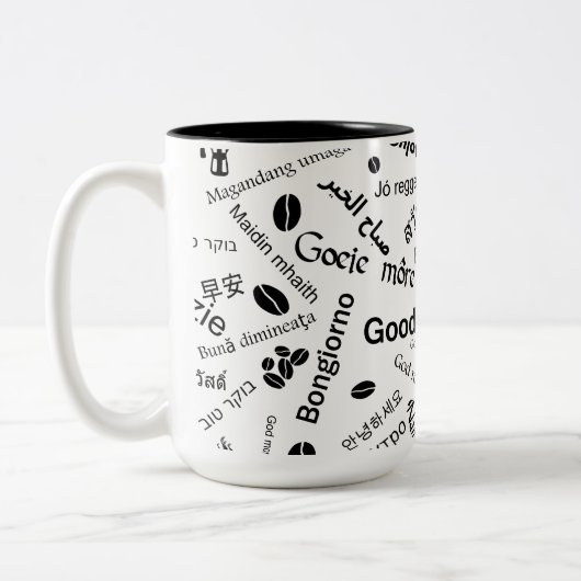 Goedemorgen in alle talen van het woord tweekleurige koffiemok (Links)