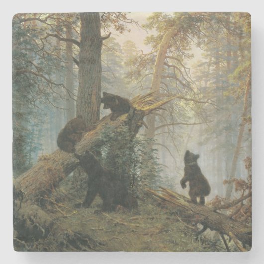 Goedemorgen in een Pijnbos (Beren in de Bossen) Stenen Onderzetter (Voorkant)