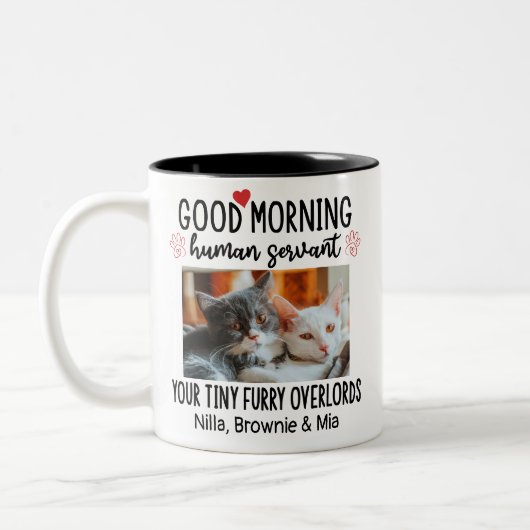 Goedemorgen Kat Menselijke Dienaar Custom Grappige Tweekleurige Koffiemok (Links)