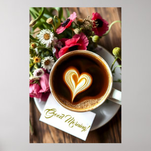 Goedemorgen! Kop warme koffie met papaver Poster