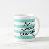 Goedemorgen mooi! Blauw strippatroon Koffiemok (Voorkant rechts)