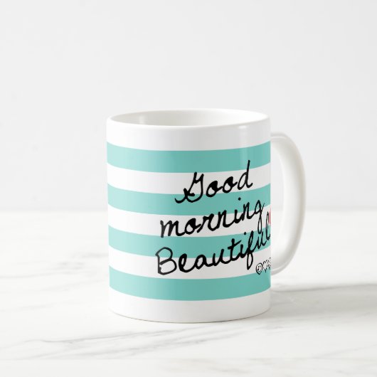 Goedemorgen mooi! Blauw strippatroon Koffiemok (Voorkant rechts)