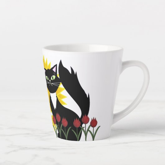 Goedemorgen mooi! Kat met zon en tulpen Latte Mok (Rechts)