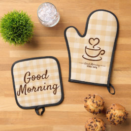Goedemorgen Pot Houders & Oven Mitt – Beige Check Ovenwant & Pannenlap Set