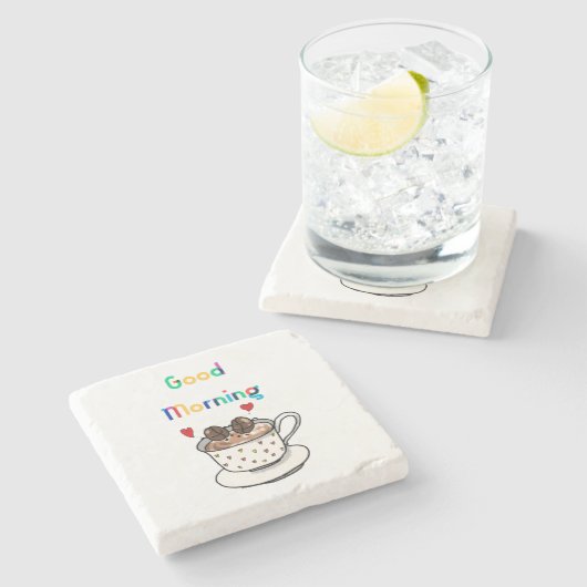 goedemorgen, schattige koffiebonen stenen onderzetter (Zijkant)