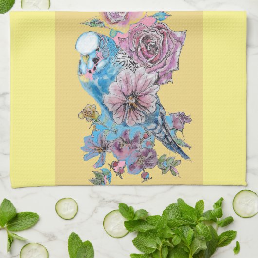 Goedemorgen Waterverf Budgie Roos Kitchen Towel Theedoek (Gevouwen)